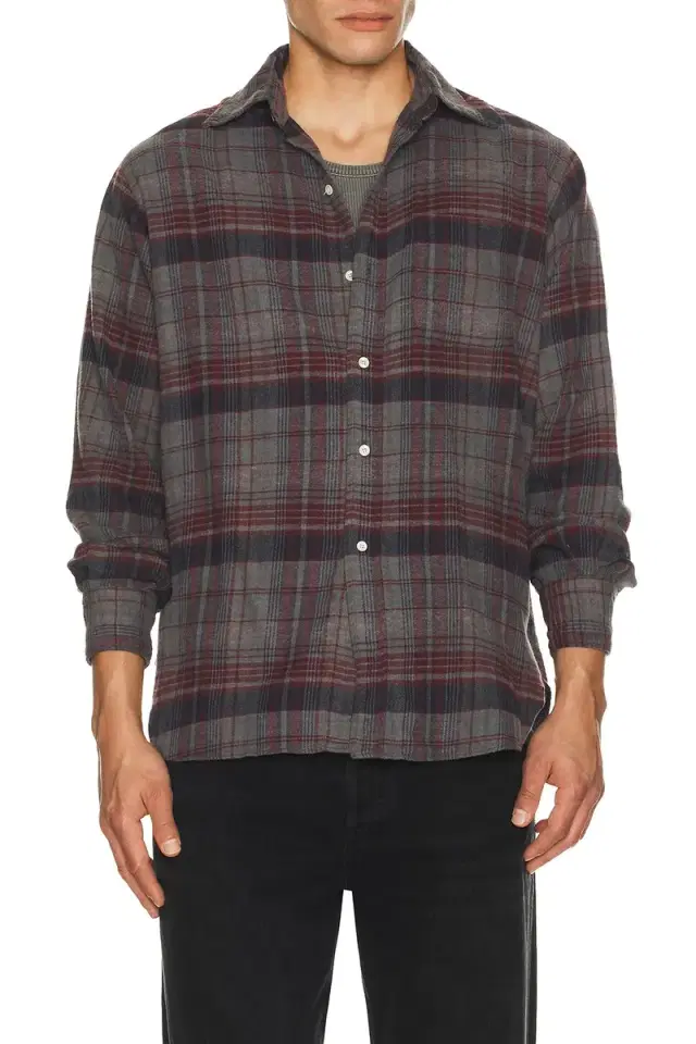 Beams Plus Open Collar Brushed Satin Plaid Shirt