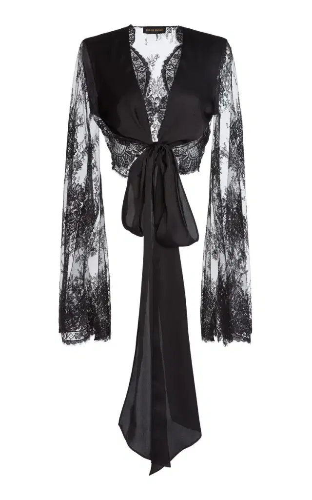 Zuhair Murad Mixed Lace Chiffon Cropped Wrap Blouse