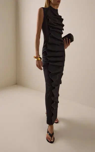 A.W.A.K.E. MODE Ruched Flax-Blend Bib-Front Maxi Dress | Thumbnail 2