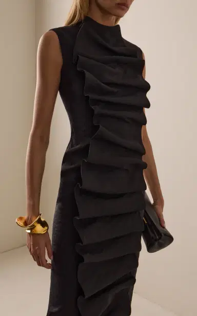 A.W.A.K.E. MODE Ruched Flax-Blend Bib-Front Maxi Dress | Thumbnail 3