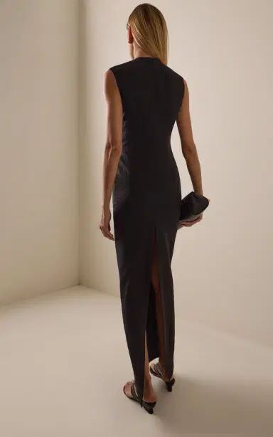 A.W.A.K.E. MODE Ruched Flax-Blend Bib-Front Maxi Dress | Thumbnail 4