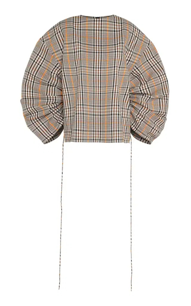 Puff-Sleeve Cotton-Blend Plaid Top