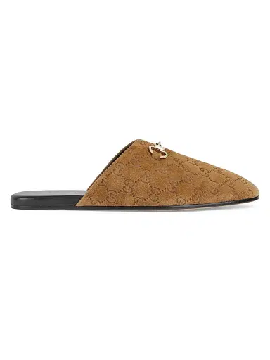 Gucci Men's Lucy Logo Suede Mule Loafers - Pepper Brown - Size 13 | Thumbnail 1 Gucci Men's Lucy Logo Suede Mule Loafers - Pepper Brown - Size 13 | Thumbnail 1