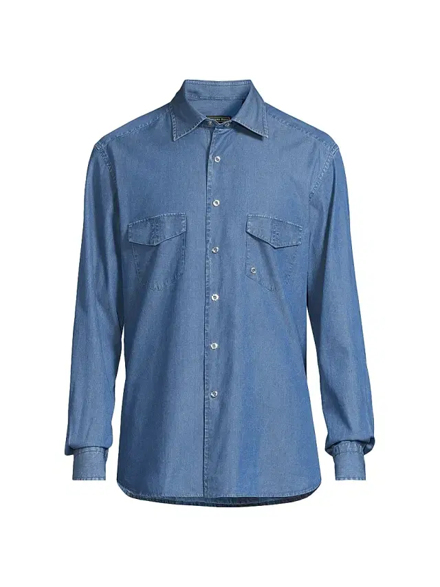 Men's Cotton Chambray Snap-Front Shirt - Light Wash Blue