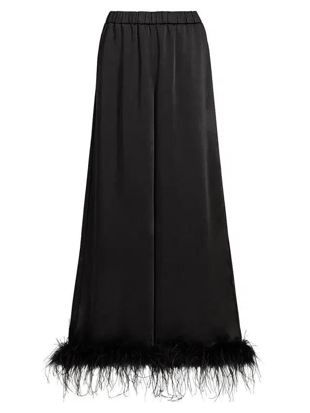 Toccin Women's Auggie Feather-Cuff Textured Satin Pants - Jet