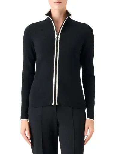 Akris punto Women's Stripe Stretch Wool Zip Cardigan - Black Cream - Size 14 | Thumbnail 3 Akris punto Women's Stripe Stretch Wool Zip Cardigan - Black Cream - Size 14 | Thumbnail 3