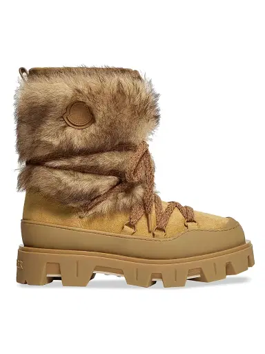 Moncler Women's Peak Après Boots in Suede and Shearling - Camel Beige | Thumbnail 1 Moncler Women's Peak Après Boots in Suede and Shearling - Camel Beige | Thumbnail 1