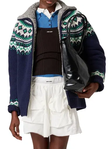 Miu Miu Women's Wool and Fleece Cardigan with Zipper - Blue - Size 8 | Thumbnail 2 Miu Miu Women's Wool and Fleece Cardigan with Zipper - Blue - Size 8 | Thumbnail 2