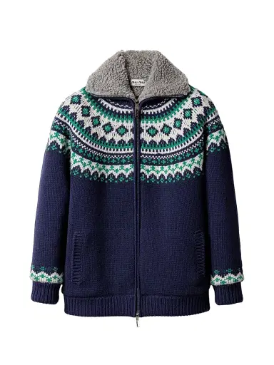 Miu Miu Women's Wool and Fleece Cardigan with Zipper - Blue - Size 8 | Thumbnail 1 Miu Miu Women's Wool and Fleece Cardigan with Zipper - Blue - Size 8 | Thumbnail 1