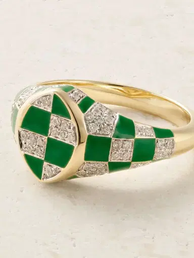Yvonne Léon Baby Chevalière Marquise 9-karat Yellow And White Gold, Enamel And Diamond Signet Ring | Thumbnail 4