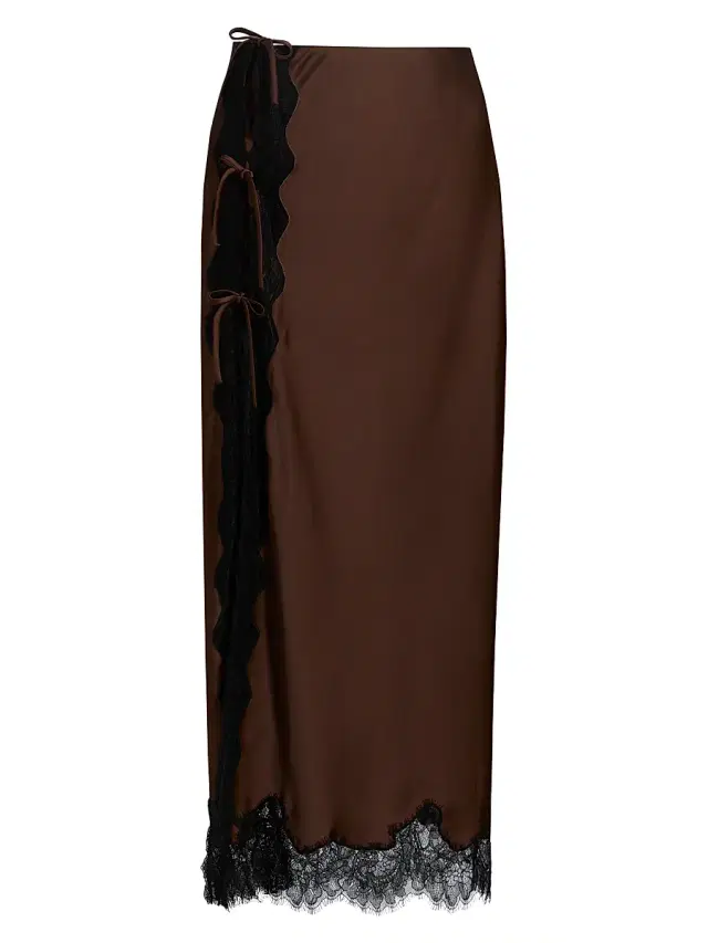 Women's Calder Bow-Detail Lace-Trim Satin Midi-Skirt - Chocolate Brown