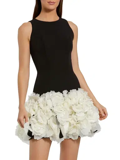 Mac Duggal Women's Floral-Appliquéd Crepe Minidress - Black Cream - Size 12 | Thumbnail 1 Mac Duggal Women's Floral-Appliquéd Crepe Minidress - Black Cream - Size 12 | Thumbnail 1