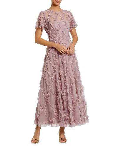 Mac Duggal Women's Ruffled Diamond-Quilted Mesh Gown - Heather | Thumbnail 1 Mac Duggal Women's Ruffled Diamond-Quilted Mesh Gown - Heather | Thumbnail 1