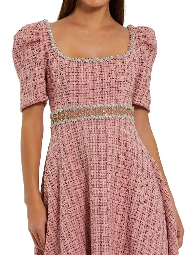 Mac Duggal Women's Beaded Puff-Sleeve Boucle Midi-Dress | Thumbnail 3 Mac Duggal Women's Beaded Puff-Sleeve Boucle Midi-Dress | Thumbnail 3