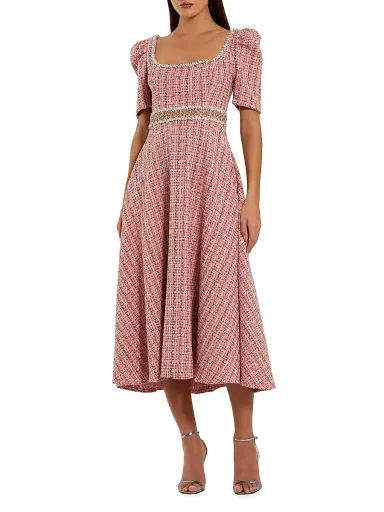 Mac Duggal Women's Beaded Puff-Sleeve Boucle Midi-Dress | Thumbnail 1 Mac Duggal Women's Beaded Puff-Sleeve Boucle Midi-Dress | Thumbnail 1