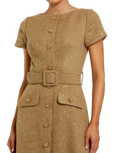 Mac Duggal Women's Short Sleeve Bouclé Button-Front Midi-Dress - Toffee | Thumbnail 3 Mac Duggal Women's Short Sleeve Bouclé Button-Front Midi-Dress - Toffee | Thumbnail 3