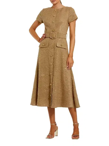 Mac Duggal Women's Short Sleeve Bouclé Button-Front Midi-Dress - Toffee | Thumbnail 1 Mac Duggal Women's Short Sleeve Bouclé Button-Front Midi-Dress - Toffee | Thumbnail 1