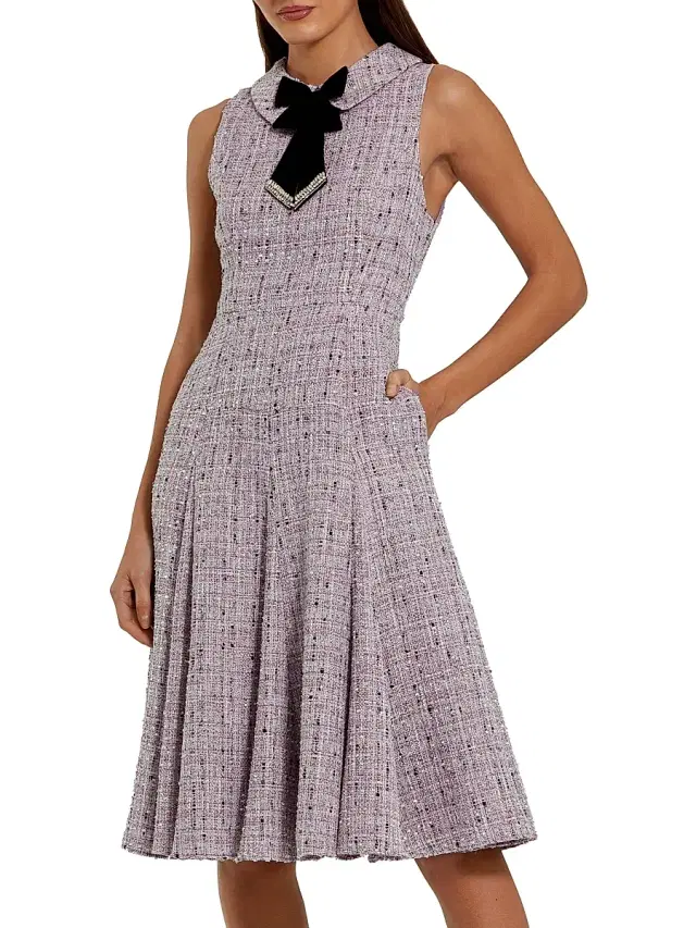 Women's Sleeveless Bouclé Midi-Dress With Bow - Lilac Multi