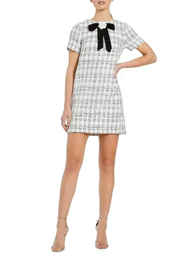 Mac Duggal Women's Short Sleeve High Neck Bouclé Minidress With Bow | Thumbnail 2