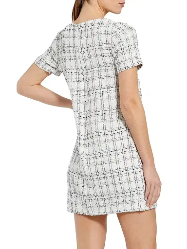 Mac Duggal Women's Short Sleeve High Neck Bouclé Minidress With Bow | Thumbnail 3