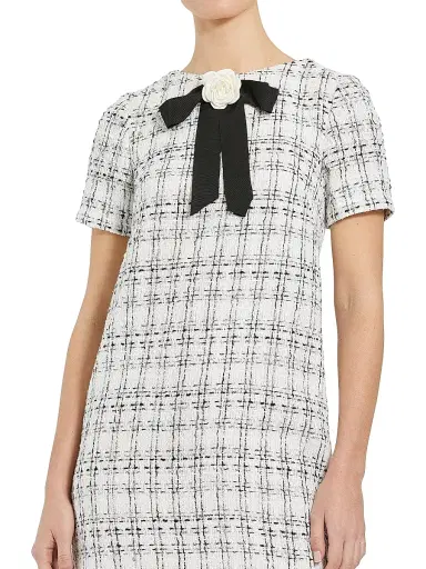 Mac Duggal Women's Short Sleeve High Neck Bouclé Minidress With Bow | Thumbnail 4