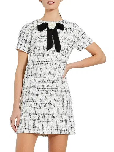 Mac Duggal Women's Short Sleeve High Neck Bouclé Minidress With Bow | Thumbnail 1