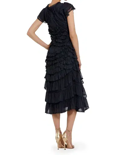 Mac Duggal Women's High Neck Mesh Ruffle Midi-Dress - Navy - Size XL | Thumbnail 2