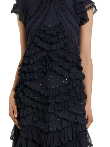 Mac Duggal Women's High Neck Mesh Ruffle Midi-Dress - Navy - Size XL | Thumbnail 3