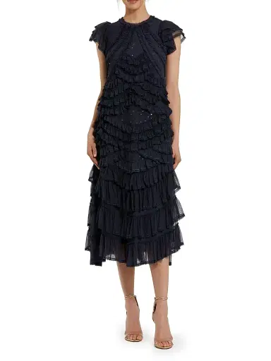 Mac Duggal Women's High Neck Mesh Ruffle Midi-Dress - Navy - Size XL | Thumbnail 1