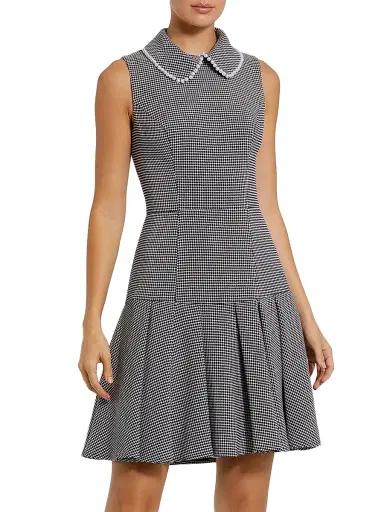 Mac Duggal Women's Sleeveless Collared Bouclé Minidress With Pleats - Black White - Size Large | Thumbnail 1 Mac Duggal Women's Sleeveless Collared Bouclé Minidress With Pleats - Black White - Size Large | Thumbnail 1