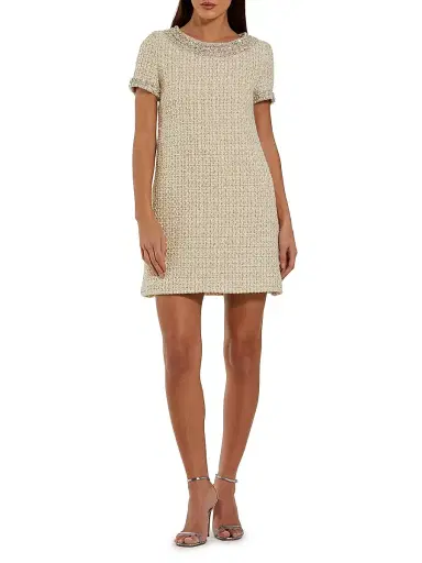 Mac Duggal Women's Short Sleeve Bouclé Minidress With Beading Detail - Ivory Gold - Size XL | Thumbnail 2