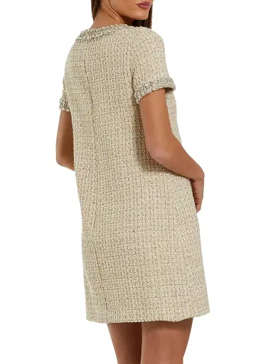 Mac Duggal Women's Short Sleeve Bouclé Minidress With Beading Detail - Ivory Gold - Size XL | Thumbnail 3