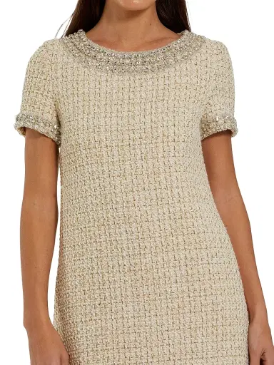 Mac Duggal Women's Short Sleeve Bouclé Minidress With Beading Detail - Ivory Gold - Size XL | Thumbnail 4