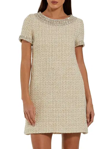 Mac Duggal Women's Short Sleeve Bouclé Minidress With Beading Detail - Ivory Gold - Size XL | Thumbnail 1