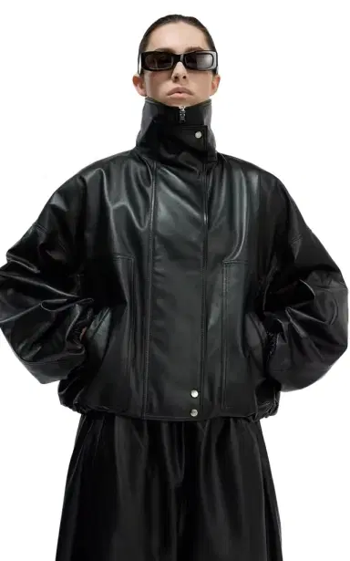 UTZON Jade Funnel-Neck Cropped Leather Jacket - Black | Thumbnail 1