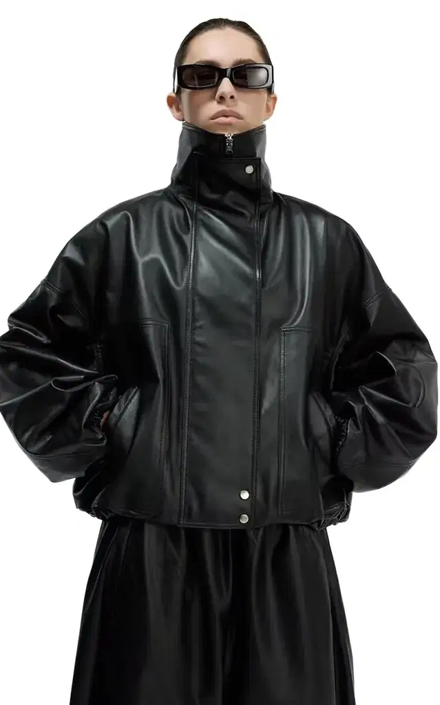 Jade Funnel-Neck Cropped Leather Jacket - Black Jade Funnel-Neck Cropped Leather Jacket - Black