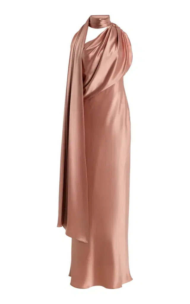 Scarf-Neck Satin Midi Dress