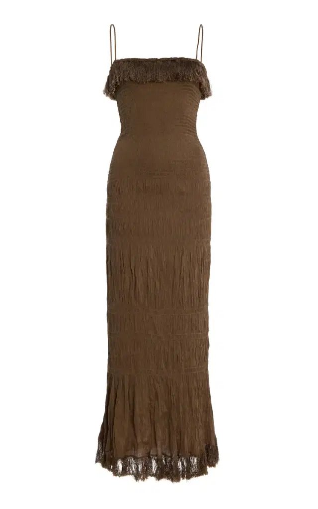 Nova Fringe Smocked Satin Maxi Dress
