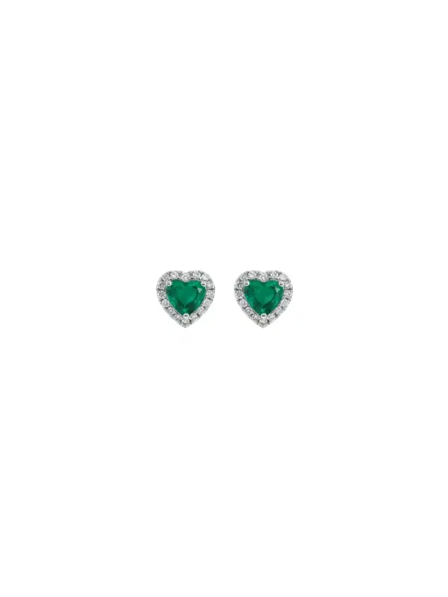 Wish Fine Jewelry 0.87ct Emerald Diamond 18K Gold Heart Halo Stud Earrings