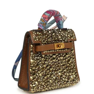 HERMÈS Custom Brown Swarovski Crystal Hermes Mini Kelly Twilly Bag Charm Alezan Tadelakt Gold Hardware | Thumbnail 2