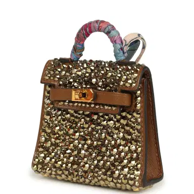 HERMÈS Custom Brown Swarovski Crystal Hermes Mini Kelly Twilly Bag Charm Alezan Tadelakt Gold Hardware | Thumbnail 5
