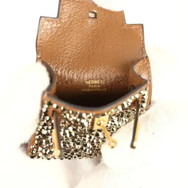 HERMÈS Custom Brown Swarovski Crystal Hermes Mini Kelly Twilly Bag Charm Alezan Tadelakt Gold Hardware | Thumbnail 7