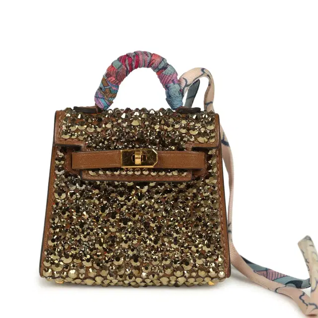 hermes Custom Brown Swarovski Crystal Hermes Mini Kelly Twilly Bag Charm Alezan Tadelakt Gold Hardware
