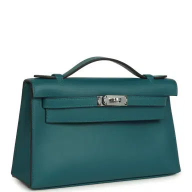 HERMÈS Hermes Kelly Pochette Vert Bosphore Swift Palladium Hardware | Thumbnail 2 HERMÈS Hermes Kelly Pochette Vert Bosphore Swift Palladium Hardware | Thumbnail 2