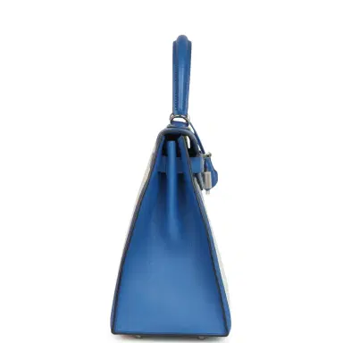 HERMÈS Pre-owned Hermes Kelly Sellier 28 Bleu France Swift and Ecru-Bleu Bill Toile H Canvas Palladium Hardware | Thumbnail 3 HERMÈS Pre-owned Hermes Kelly Sellier 28 Bleu France Swift and Ecru-Bleu Bill Toile H Canvas Palladium Hardware | Thumbnail 3