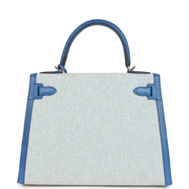 HERMÈS Pre-owned Hermes Kelly Sellier 28 Bleu France Swift and Ecru-Bleu Bill Toile H Canvas Palladium Hardware | Thumbnail 4 HERMÈS Pre-owned Hermes Kelly Sellier 28 Bleu France Swift and Ecru-Bleu Bill Toile H Canvas Palladium Hardware | Thumbnail 4