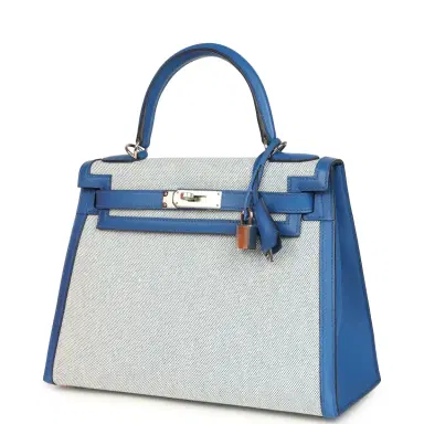 HERMÈS Pre-owned Hermes Kelly Sellier 28 Bleu France Swift and Ecru-Bleu Bill Toile H Canvas Palladium Hardware | Thumbnail 5 HERMÈS Pre-owned Hermes Kelly Sellier 28 Bleu France Swift and Ecru-Bleu Bill Toile H Canvas Palladium Hardware | Thumbnail 5