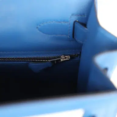 HERMÈS Pre-owned Hermes Kelly Sellier 28 Bleu France Swift and Ecru-Bleu Bill Toile H Canvas Palladium Hardware | Thumbnail 8 HERMÈS Pre-owned Hermes Kelly Sellier 28 Bleu France Swift and Ecru-Bleu Bill Toile H Canvas Palladium Hardware | Thumbnail 8