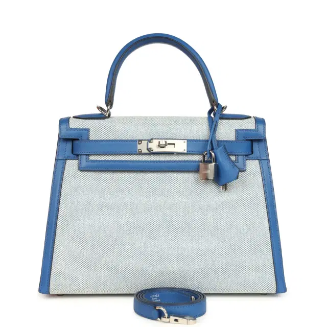 hermes Pre-owned Hermes Kelly Sellier 28 Bleu France Swift and Ecru-Bleu Bill Toile H Canvas Palladium Hardware