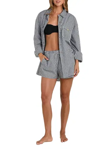 L'AGENCE Women's Lorena Voyage Striped Cotton Cover-Up Shirt - Black | Thumbnail 2